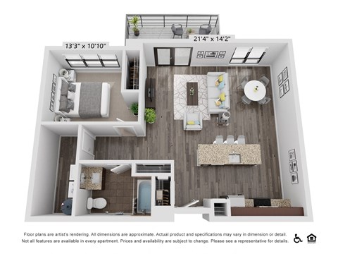 Floor plan for 1 bed, 1 bath, 873 sqft